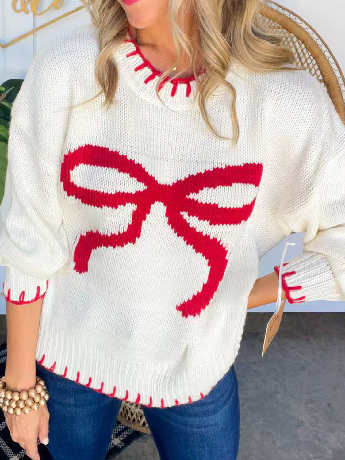 LIZAKOSHT  -  Bow Round Neck Long Sleeve Sweater