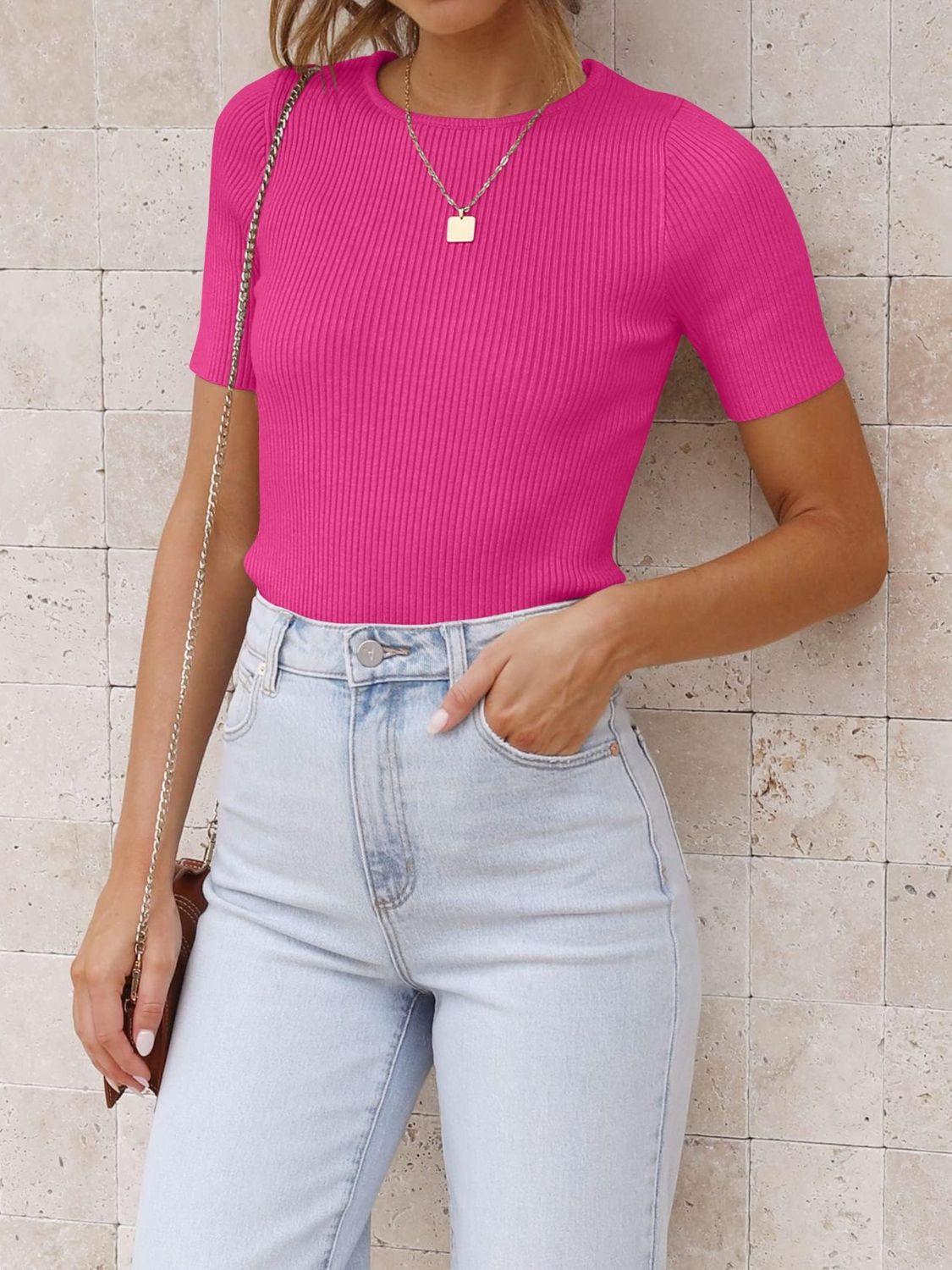 LIZAKOSHT  -  Ribbed Round Neck Short Sleeve Knit Top