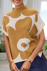 LIZAKOSHT  -  Contrast Flower Mock Neck Short Sleeve Sweater