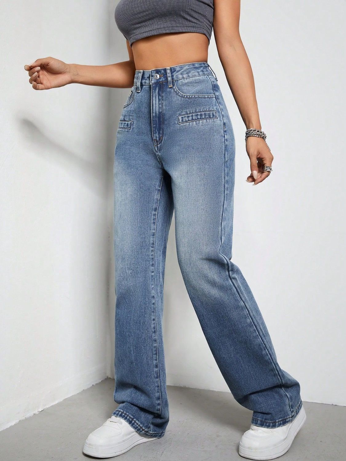 LIZAKOSHT  -  High Rise Wide Leg Jeans with Pockets