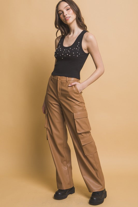 LIZAKOSHT  -  Love Tree PU Leather Cargo Pants