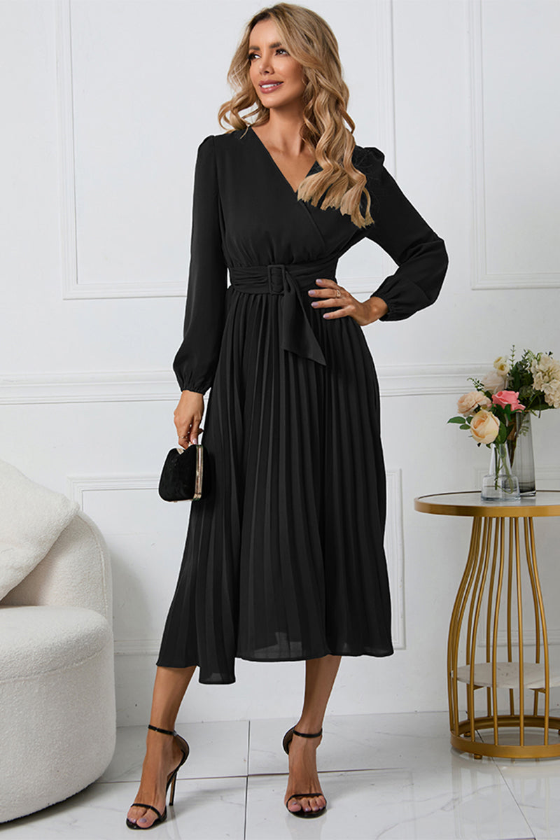 LIZAKOSHT  -  V-Neck Long Sleeve Tie Waist Midi Dress