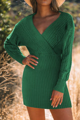 LIZAKOSHT  -  Cable-Knit Surplice Lantern Sleeve Sweater Dress