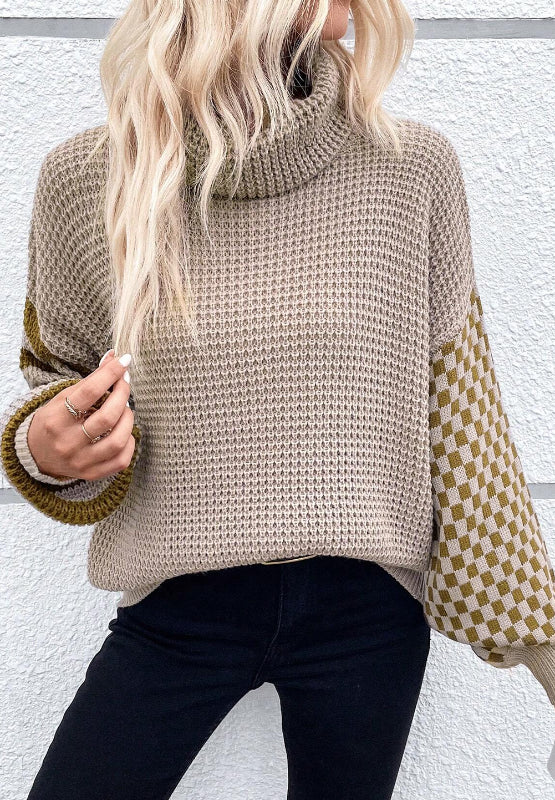 LIZAKOSHT  -  Striped & Checkered Turtleneck Dropped Shoulder Sweater
