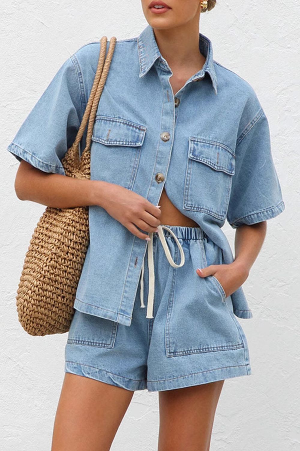 LIZAKOSHT  -  Collared Neck Button Up Top and Shorts Denim Set