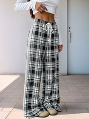 LIZAKOSHT  -  Perfee Drawstring Plaid Wide Leg Pants