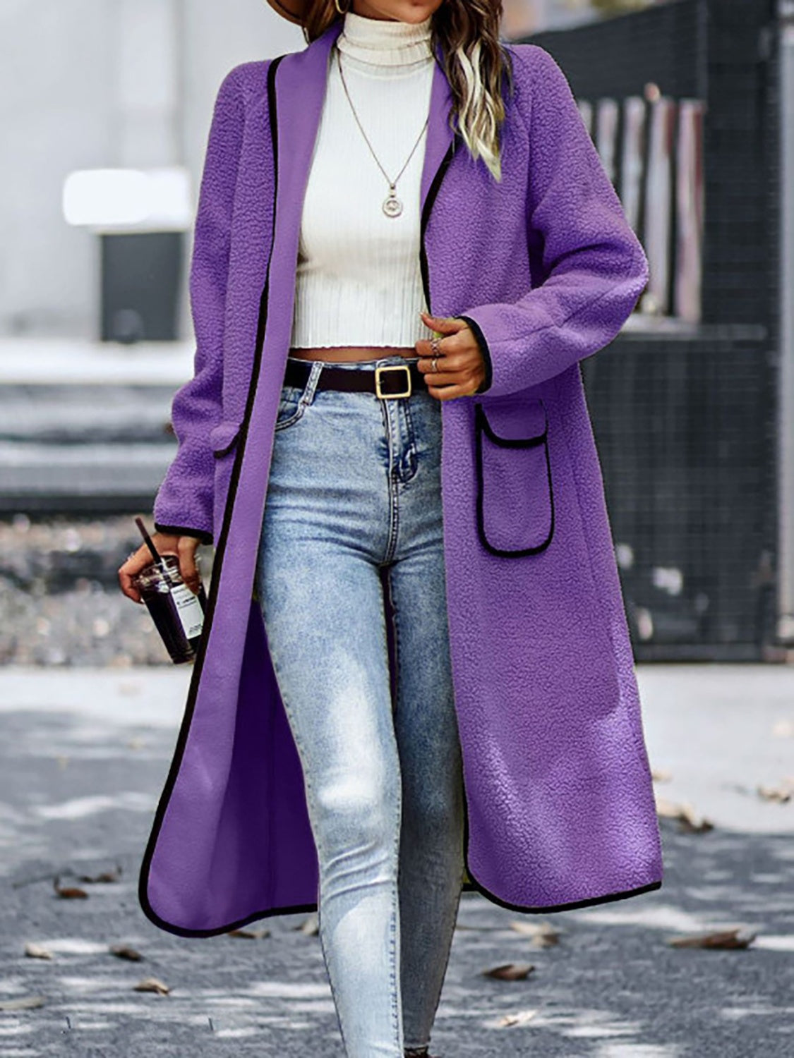 LIZAKOSHT  -  Full Size Contrast Trim Long Sleeve Coat with Pockets