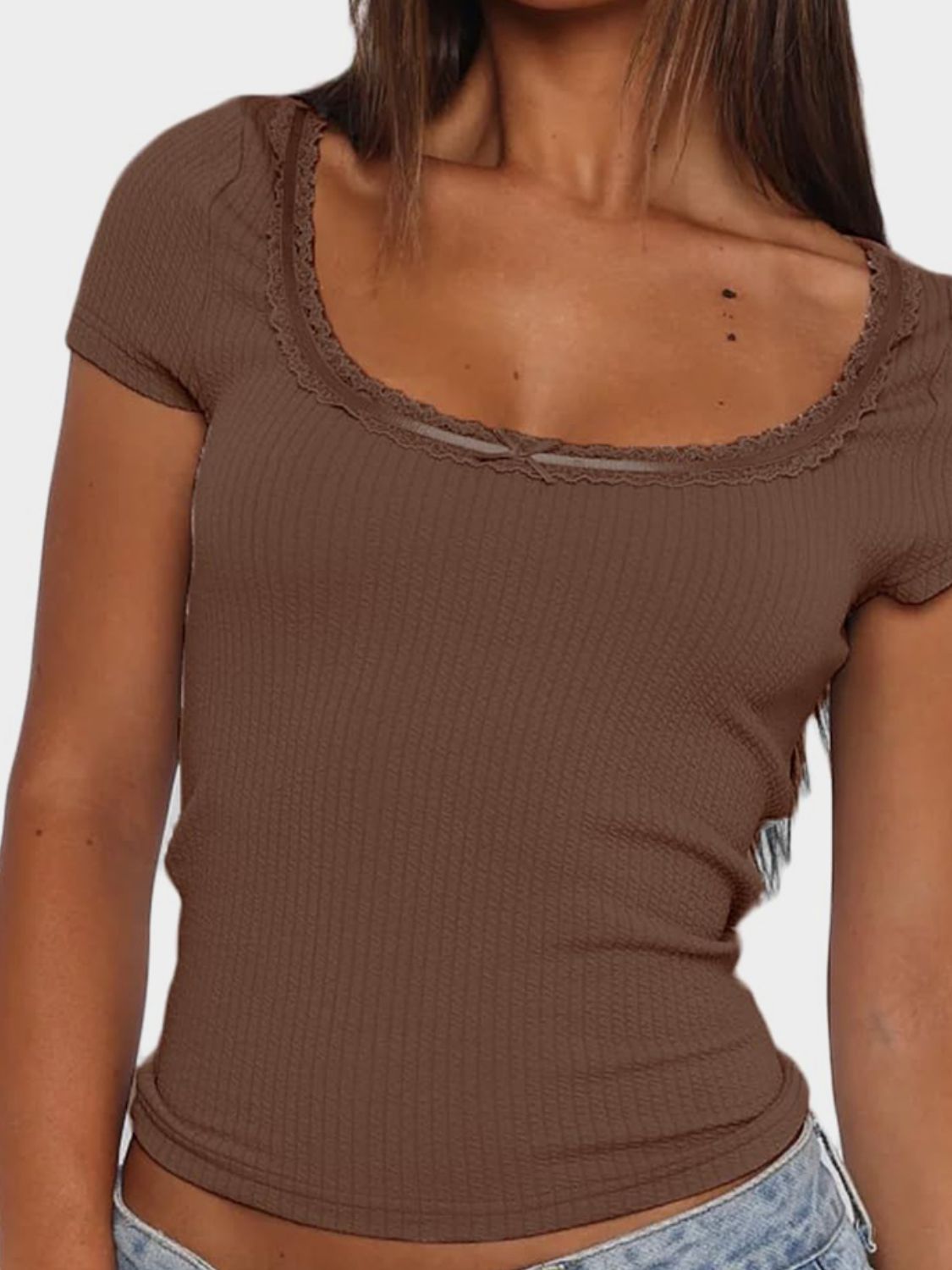 LIZAKOSHT  -  Lace Detail Scoop Neck Short Sleeve T-Shirt