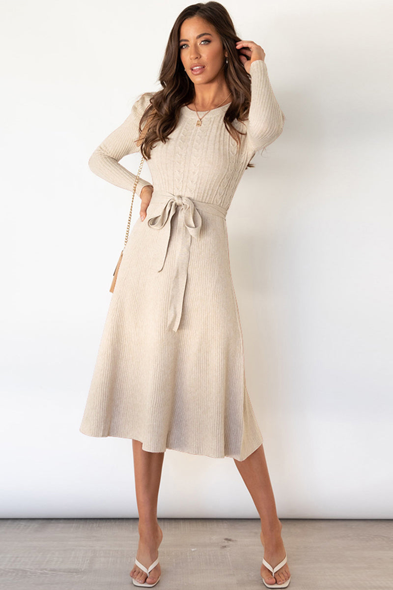 LIZAKOSHT  -  Round Neck Long Sleeve Tie Waist Sweater Dress