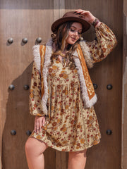 LIZAKOSHT  -  Plus Size Printed V-Neck Balloon Sleeve Mini Dress