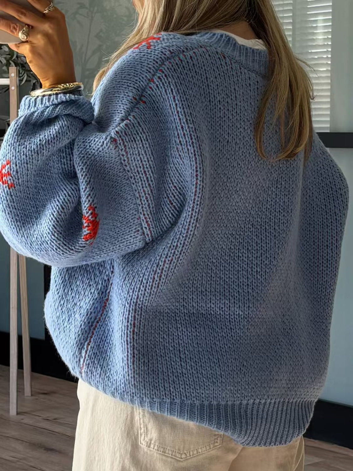 LIZAKOSHT  -  Boot Pattern Round Neck Dropped Shoulder Sweater