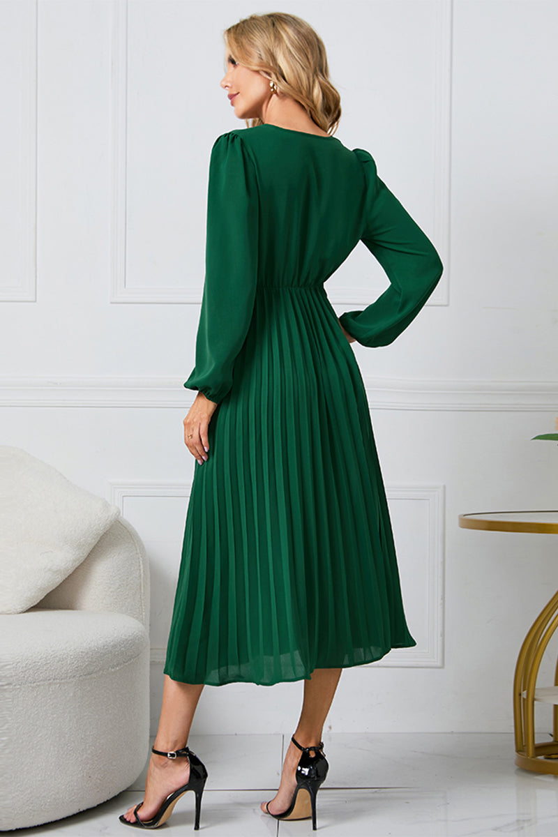 LIZAKOSHT  -  V-Neck Long Sleeve Tie Waist Midi Dress