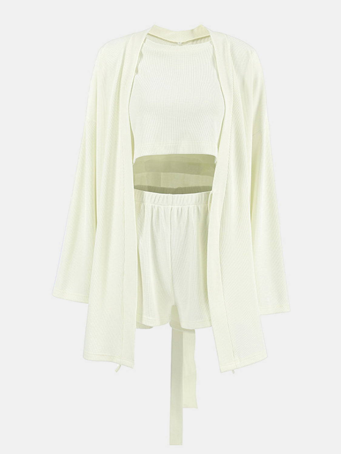 LIZAKOSHT  -  Waffle-Knit Round Neck T-Shirt, Open Front Cardigan and Shorts Set