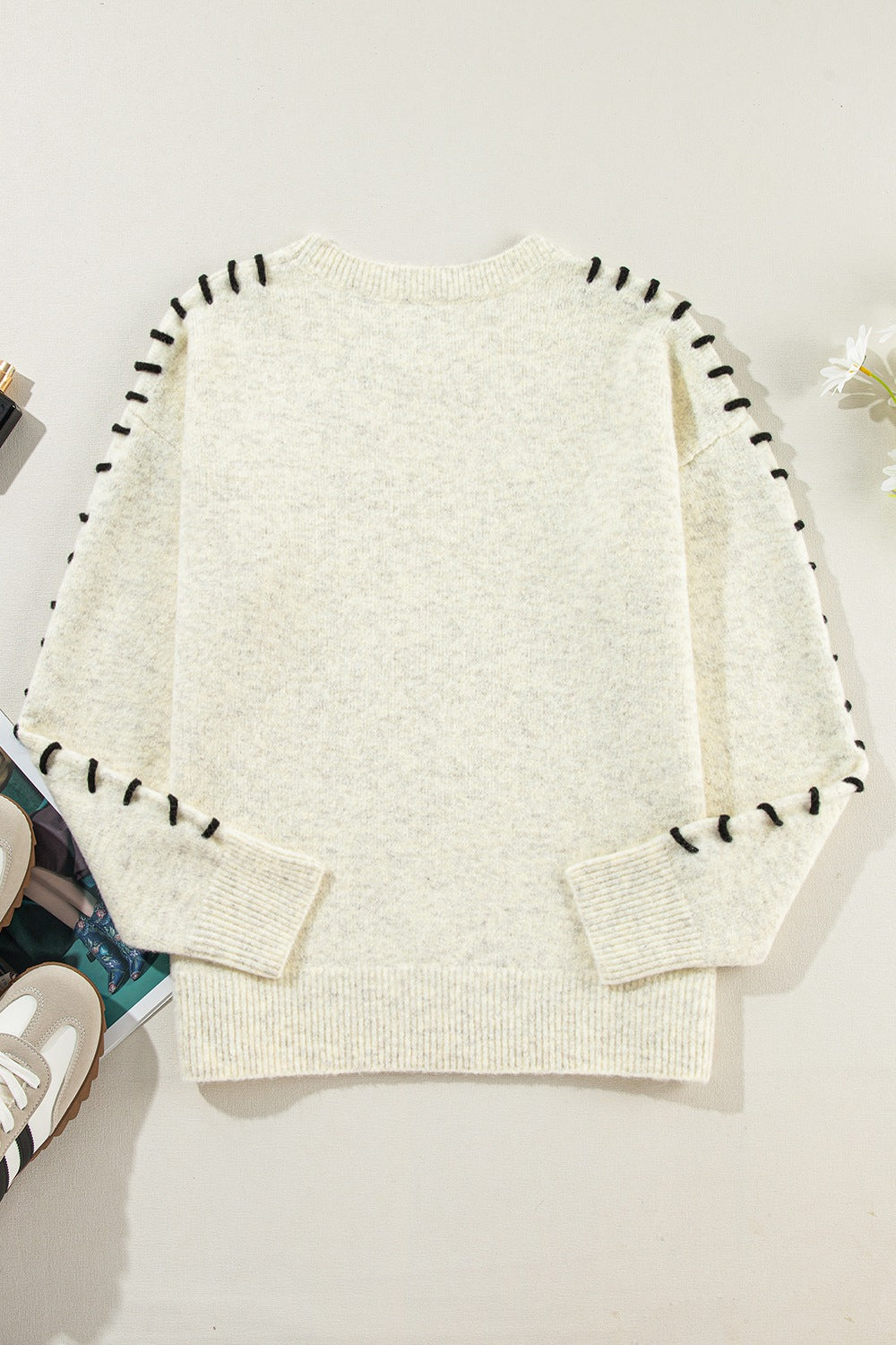LIZAKOSHT  -  Contrast Stitch Detail Ribbed Trim Sweater