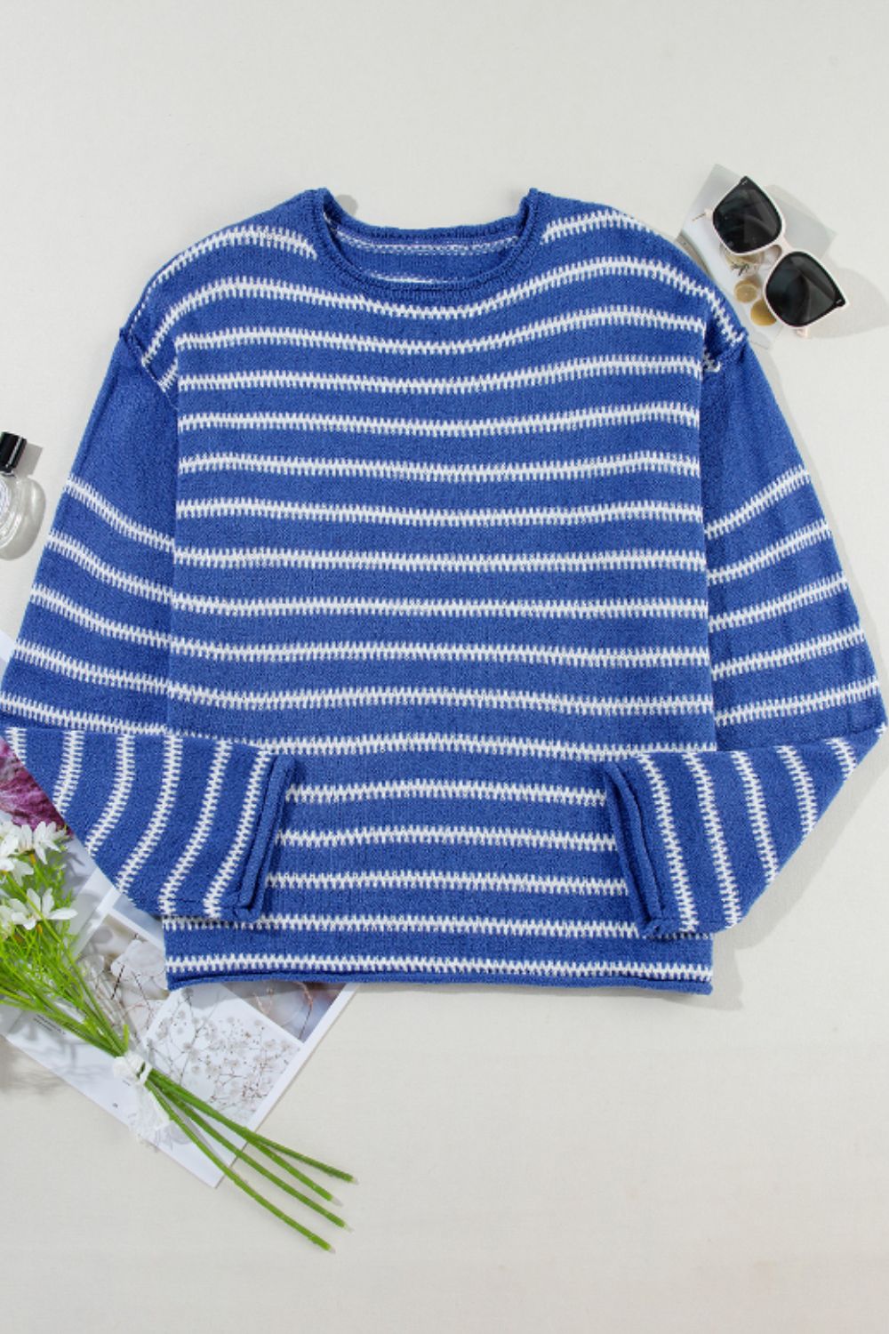 LIZAKOSHT  -  Striped Round Neck Dropped Shoulder Sweater