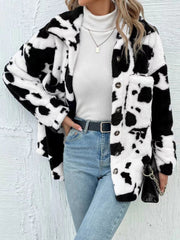 LIZAKOSHT  -  Cow Print Collared Neck Button Up Fuzzy Jacket