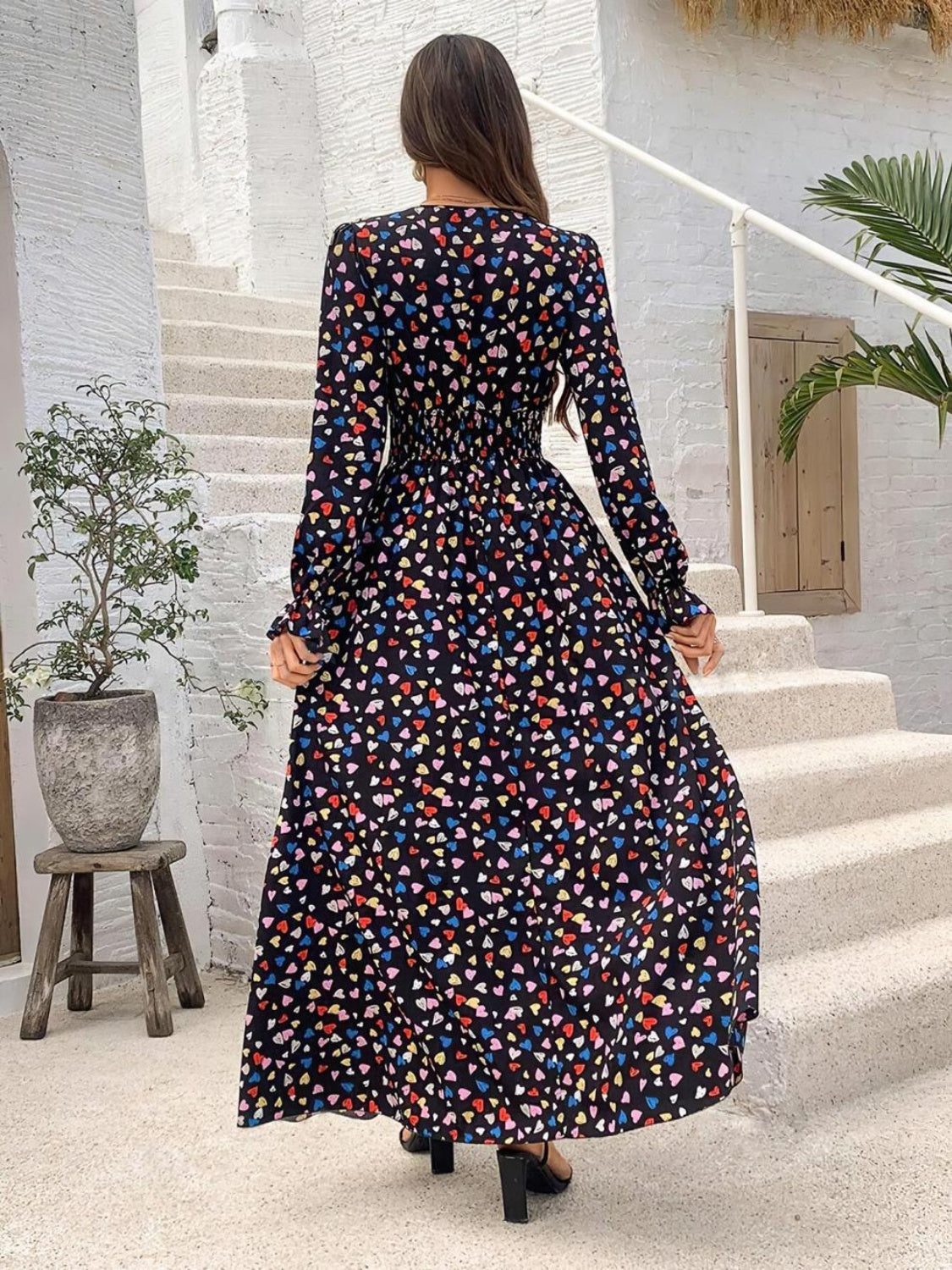 LIZAKOSHT  -  Smocked Printed V-Neck Flounce Sleeve Dress