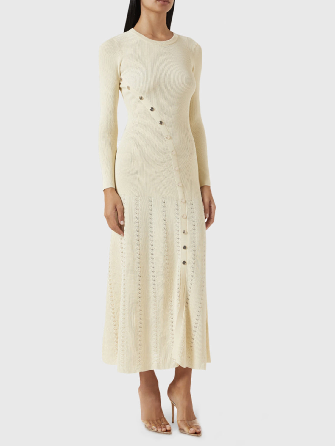 LIZAKOSHT  -  Openwork Round Neck Long Sleeve Sweater Dress