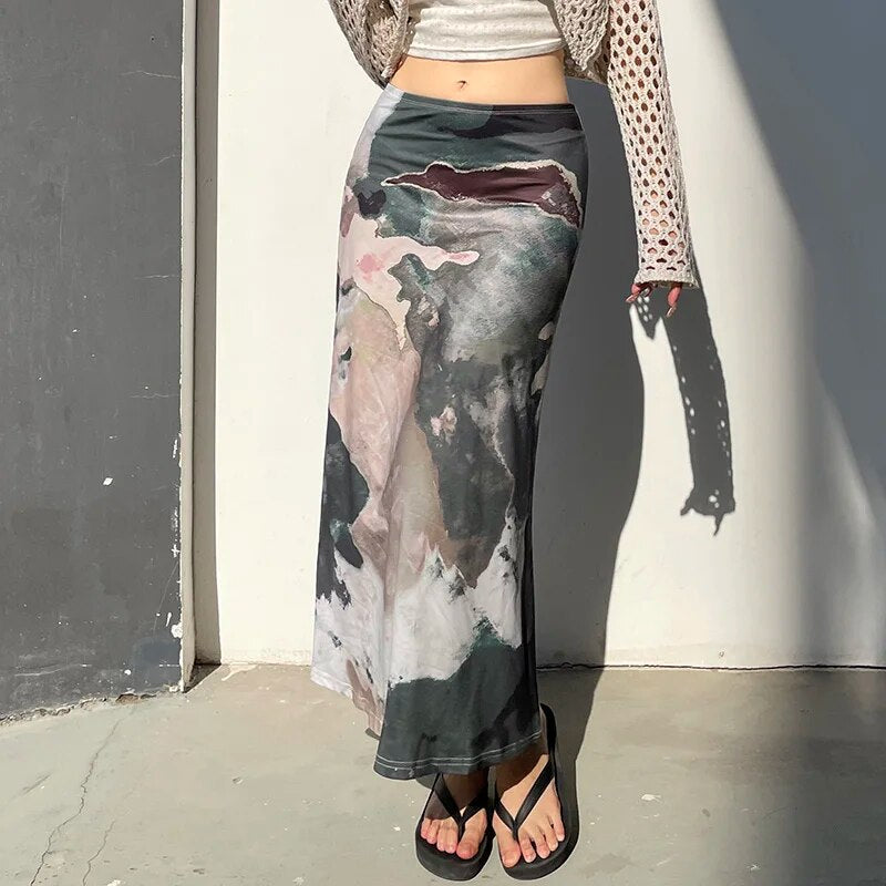 Lizakosht  Vintage Printed Long Skirt Women Y2k Grunge Green Cottagecore Low Waist Slim Straight Midi Skirt Girls 90s Aesthetic