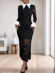 LIZAKOSHT  -  Perfee Lace Contrast Collared Neck Long Sleeve Midi Dress