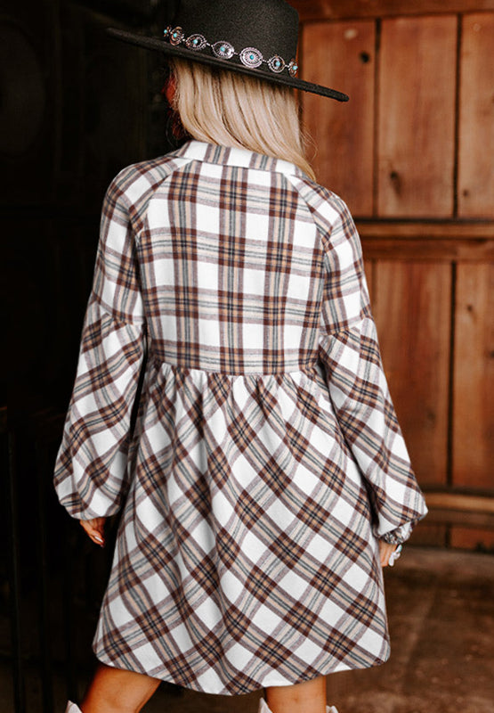 LIZAKOSHT  -  Full Size Plaid Collared Neck Balloon Sleeve Mini Shirt Dress