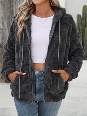 LIZAKOSHT  -  Checkered Texture Zip Up Drawstring Fuzzy Jacket