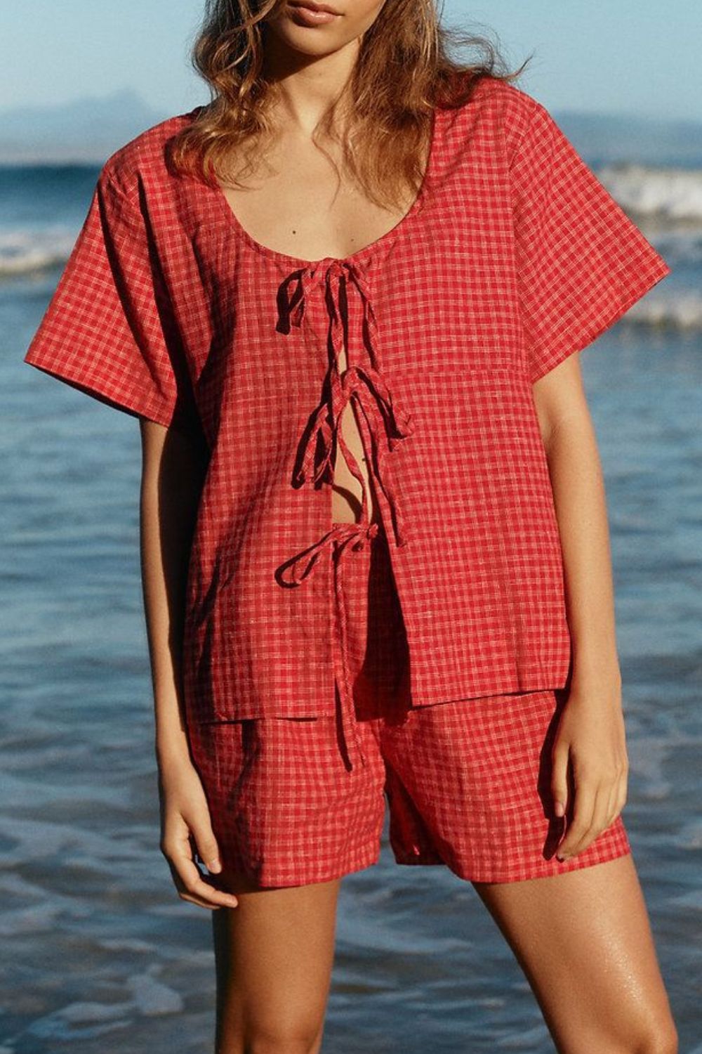 LIZAKOSHT  -  Plaid Tied Scoop Neck Short Sleeve Top and Drawstring Shorts Set