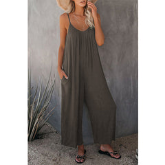 Women's Simple Adjustable Strap Sleeveless Wide Leg Jumpsuit with Pockets for Spring, Summer Clothes Women, Lady Breathable Solid Loose Cami Jumpsuit for Women, New Trendy Comfort Summer One-Piece, Matching Long Pants Playsuit, Womenswear Overalls