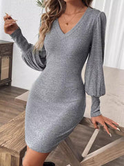 LIZAKOSHT  -  V-Neck Lantern Sleeve Dress