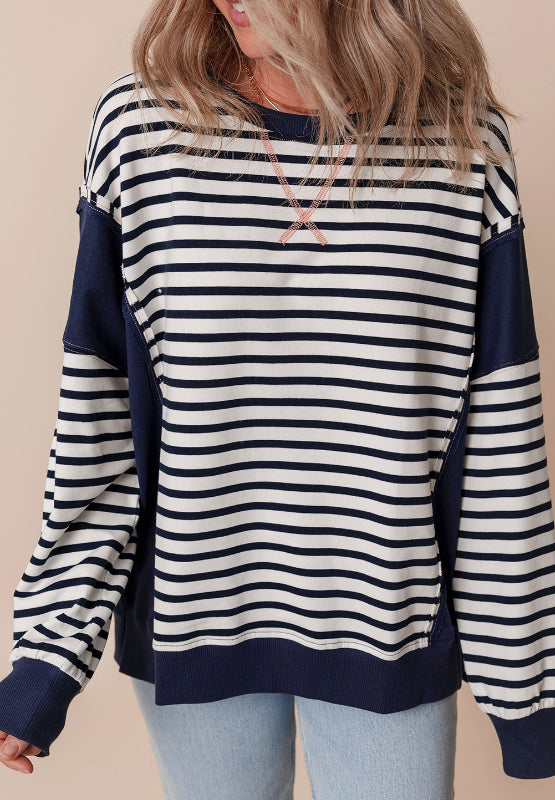 LIZAKOSHT  -  Exposed Seam Striped Long Sleeve Sweatshirt