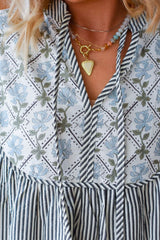 LIZAKOSHT  -  Tied Floral Printed Striped Long Sleeve Dress