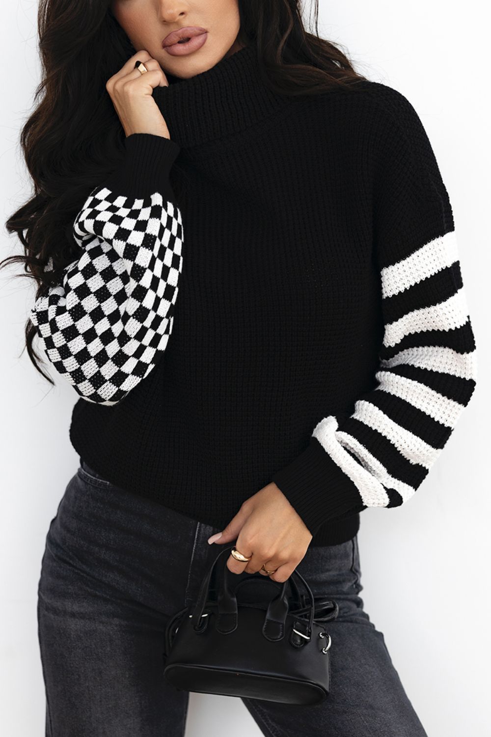 LIZAKOSHT  -  Striped & Checkered Turtleneck Dropped Shoulder Sweater
