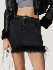 LIZAKOSHT  -  Plush Hem Mini Denim Skirt
