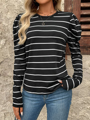 LIZAKOSHT  -  Full Size Striped Round Neck Puff Sleeve T-Shirt