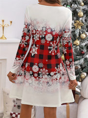 LIZAKOSHT  -  Snowflakes Plaid Round Neck Long Sleeve Dress
