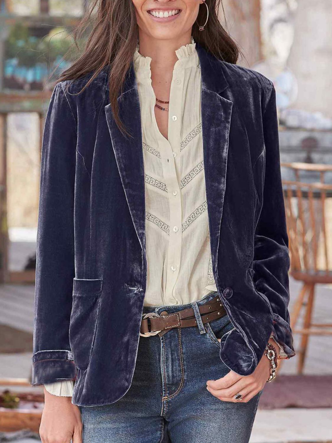 LIZAKOSHT  -  Pocketed Button Up Lapel Collar Blazer