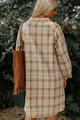 LIZAKOSHT  -  Plaid Collared Neck Long Sleeve Mini Shirt Dress
