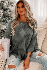 LIZAKOSHT  -  Distressed Round Neck Drop Shoulder Sweater