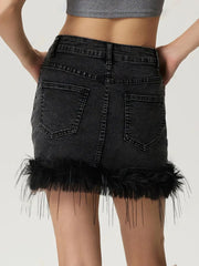 LIZAKOSHT  -  Plush Hem Mini Denim Skirt
