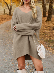 LIZAKOSHT  -  V-Neck Dropped Shoulder Sweater Dress