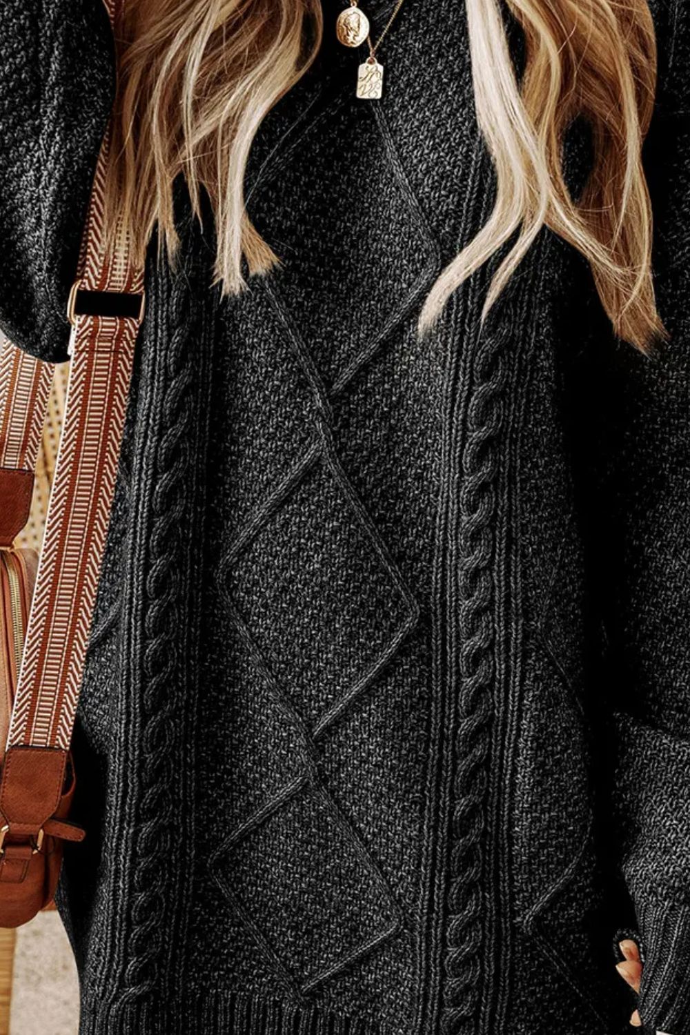 LIZAKOSHT  -  Cable-Knit Round Neck Sweater Dress