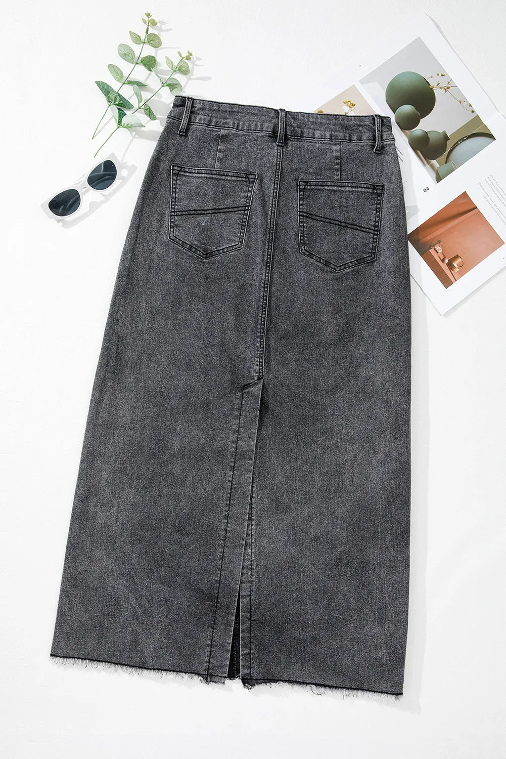 LIZAKOSHT  -  Raw Hem Midi Denim Skirt with Pockets