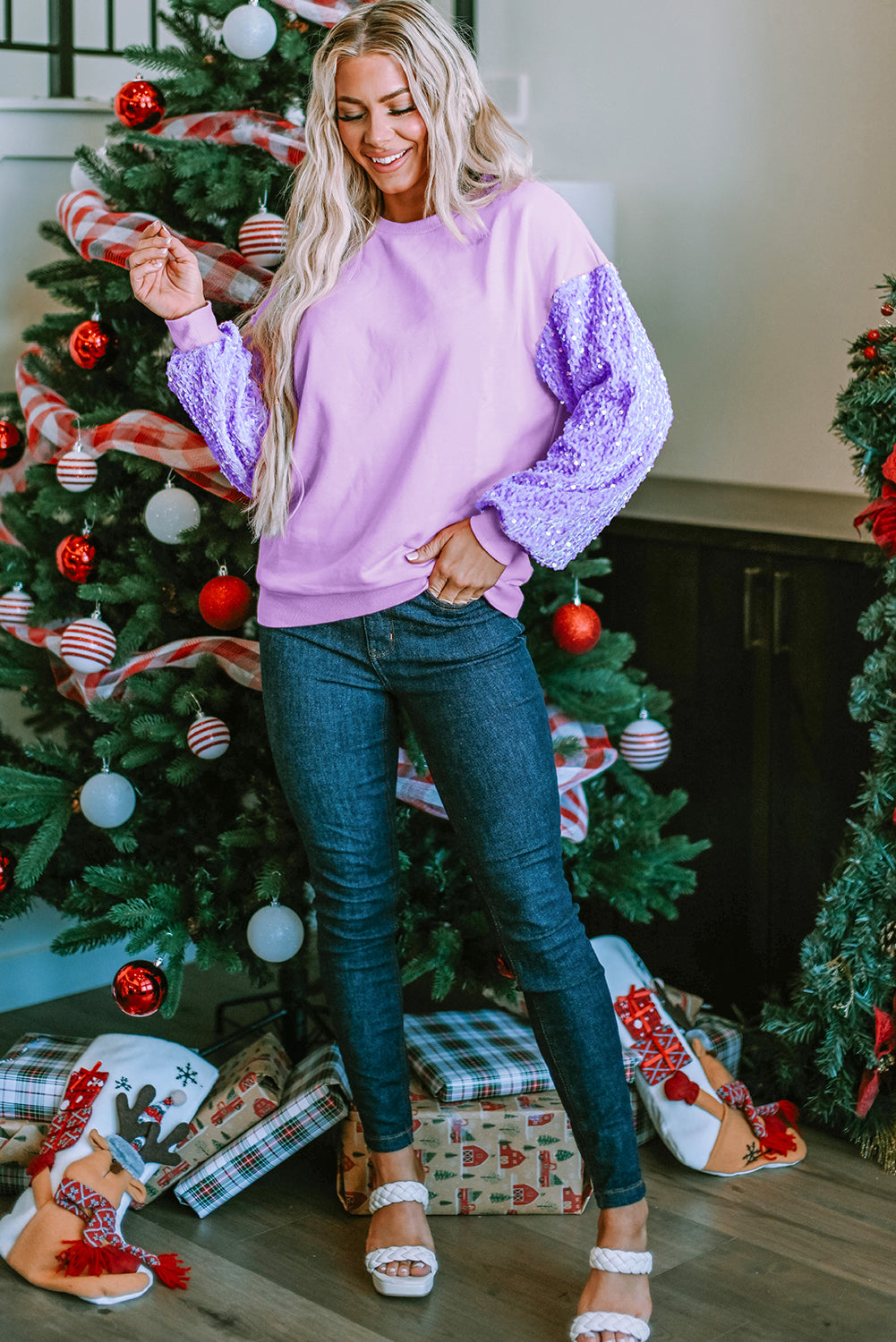LIZAKOSHT  -  Sequin Round Neck Long Sleeve Sweatshirt