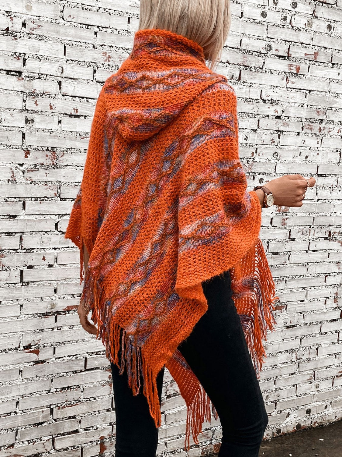 LIZAKOSHT  -  Fringe Contrast Hooded Poncho