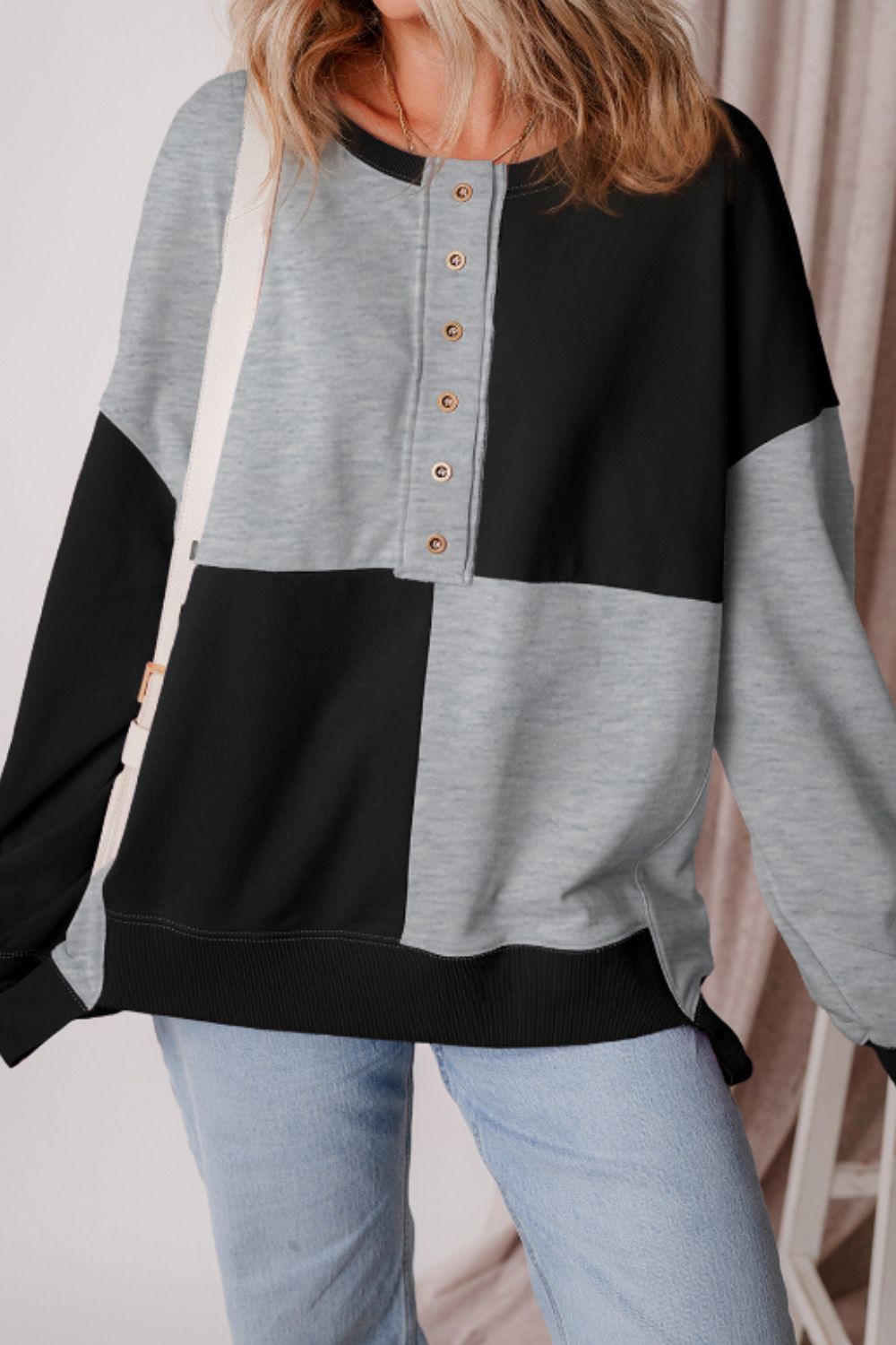 LIZAKOSHT  -  Color Block Half Button Long Sleeve Sweatshirt