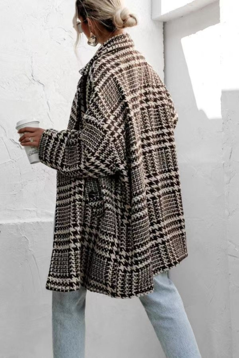 LIZAKOSHT  -  Houndstooth Collared Neck Long Sleeve Coat with Pockets