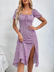 LIZAKOSHT  -  Women's Ditsy Floral Print Puff Sleeve Split Thigh Dress, Boho Short Sleeve Tie Front Square Neck A Line Midi Dress for Beach Holiday Vacation, Ladies Summer Clothes