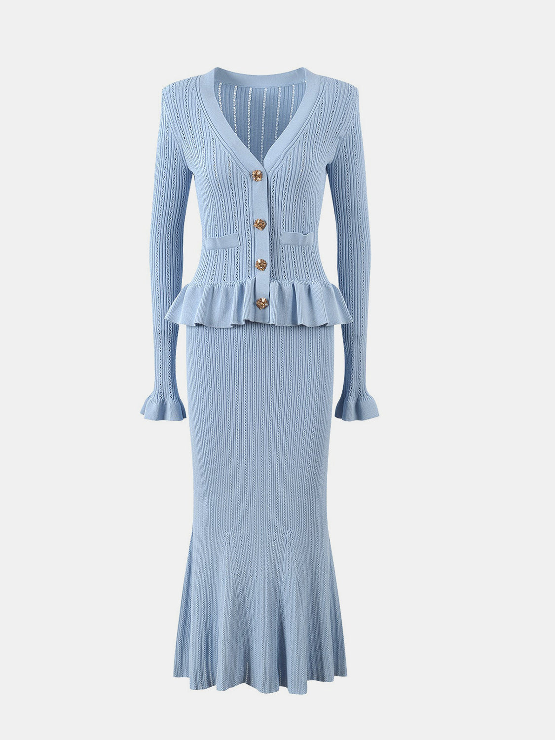 LIZAKOSHT  -  Ruffled V-Neck Top and Midi Skirt Sweater Set