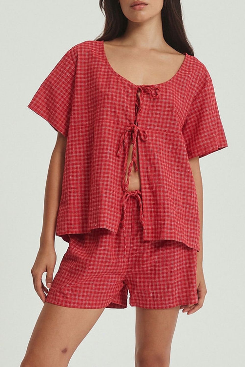 LIZAKOSHT  -  Plaid Tied Scoop Neck Short Sleeve Top and Drawstring Shorts Set