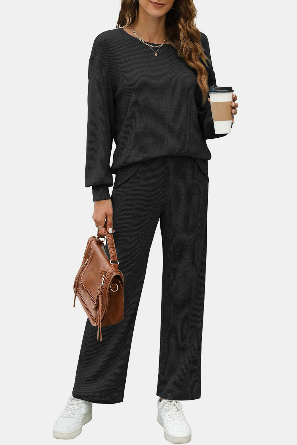 LIZAKOSHT  -  Round Neck Long Sleeve Top and Pants Set